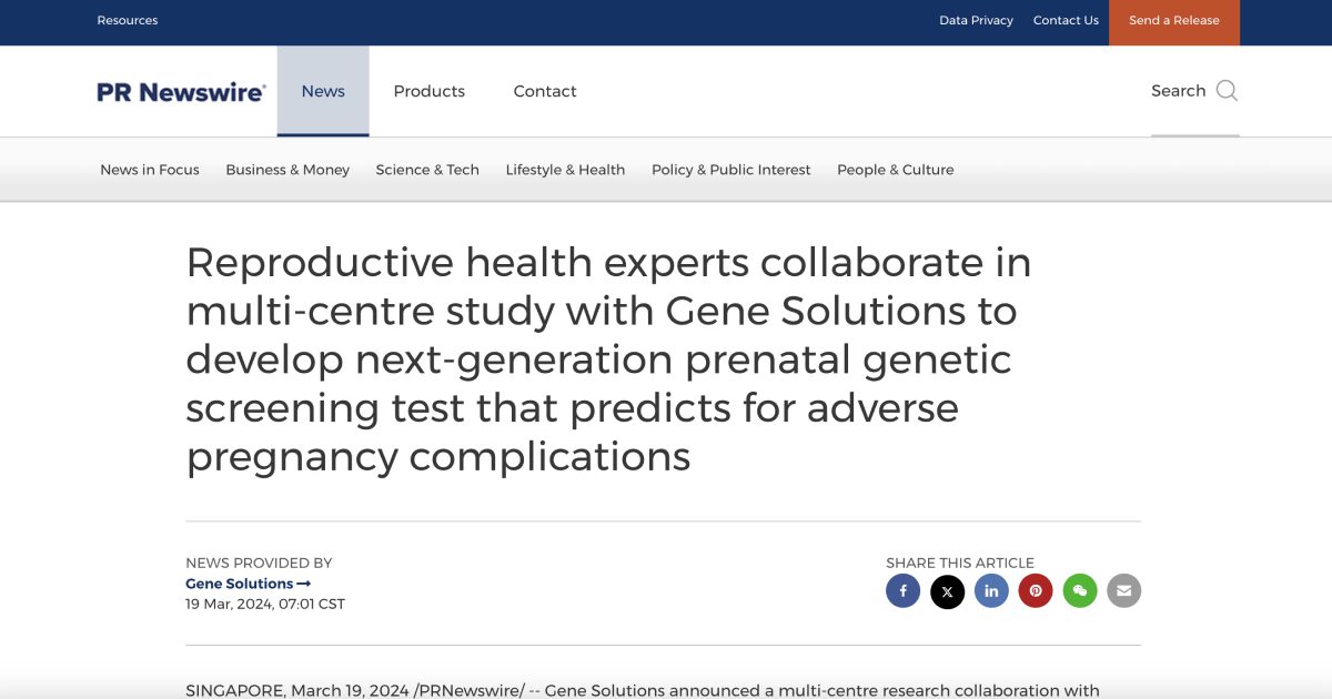 Reproductive health experts collaborate in multi-centre study with Gene Solutions to develop next-generation prenatal genetic screening test that predicts for adverse pregnancy complications
